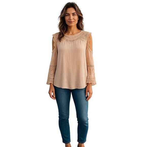 Up Ultrapink Blouse Boho Womens Large Crinkle Gauze Lace Long Cold Shoulder - Picture 1 of 10